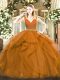 Inexpensive Brown Ball Gowns Tulle V-neck Sleeveless Beading and Ruffles Floor Length Zipper Quinceanera Dress