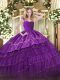 Super Eggplant Purple Ball Gowns Organza and Taffeta Straps Sleeveless Embroidery and Ruffled Layers Floor Length Zipper Quinceanera Dresses