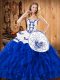 Exceptional Blue And White Sleeveless Floor Length Embroidery and Ruffles Lace Up Sweet 16 Quinceanera Dress