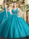 Enchanting V-neck Sleeveless Quince Ball Gowns Floor Length Beading Teal Tulle