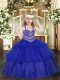 Eye-catching Royal Blue Ball Gowns Beading and Ruffled Layers Custom Made Pageant Dress Lace Up Organza Sleeveless Floor Length