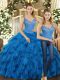 Flirting Floor Length Lace Up Quinceanera Dress Teal for Military Ball and Sweet 16 and Quinceanera with Beading and Ruffles