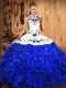 Blue And White Ball Gowns Satin and Organza Halter Top Sleeveless Embroidery and Ruffles Floor Length Lace Up Quinceanera Gown