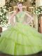 Scoop Sleeveless Quinceanera Gowns Floor Length Beading and Ruffled Layers Yellow Green Tulle