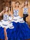 Sleeveless Satin and Organza Floor Length Lace Up 15th Birthday Dress in Blue And White with Embroidery and Ruffles