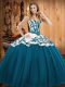 Dramatic Sleeveless Floor Length Embroidery Lace Up 15 Quinceanera Dress with Teal