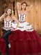 Beautiful Burgundy Sleeveless With Train Embroidery and Ruffled Layers Lace Up Ball Gown Prom Dress