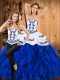 Captivating Strapless Sleeveless Vestidos de Quinceanera Floor Length Embroidery and Ruffles Blue And White Satin and Organza
