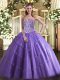 Floor Length Lavender Quince Ball Gowns Tulle Sleeveless Beading
