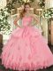 Charming Sweetheart Sleeveless Quince Ball Gowns Floor Length Beading and Appliques and Ruffles Watermelon Red Tulle