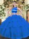 Exquisite Blue Tulle Criss Cross High-neck Sleeveless Floor Length Quinceanera Gowns Ruffled Layers