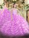 Glamorous Sleeveless Organza Brush Train Lace Up 15th Birthday Dress in Lilac with Beading and Ruffled Layers