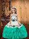 Straps Sleeveless Kids Pageant Dress Floor Length Embroidery and Ruffles Aqua Blue Organza