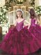 Graceful Fuchsia Little Girls Pageant Gowns Party and Quinceanera with Beading and Ruffles V-neck Sleeveless Lace Up