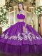 Sleeveless Tulle Floor Length Backless Quinceanera Dresses in Purple with Beading and Appliques and Ruffles