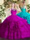Beautiful Fuchsia Organza Zipper Ball Gown Prom Dress Sleeveless Floor Length Beading and Ruffled Layers
