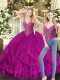 Fuchsia Ball Gowns Organza V-neck Sleeveless Beading and Ruffles Floor Length Lace Up Quinceanera Gown