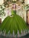 Olive Green Tulle Zipper Straps Sleeveless Floor Length Quinceanera Dresses Lace and Appliques