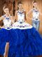 Blue And White Lace Up Halter Top Embroidery Quinceanera Gown Satin and Organza Sleeveless