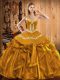 Unique Sleeveless Floor Length Embroidery and Ruffles Lace Up Quinceanera Dresses with Gold