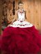 Floor Length Red Quinceanera Gowns Halter Top Sleeveless Lace Up