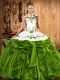 Olive Green Satin and Organza Lace Up Halter Top Sleeveless Floor Length Ball Gown Prom Dress Embroidery and Ruffles