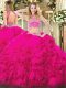 Amazing Two Pieces Vestidos de Quinceanera Hot Pink High-neck Tulle Sleeveless Floor Length Backless