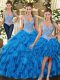Popular Teal Tulle Lace Up Sweet 16 Dresses Sleeveless Floor Length Beading and Ruffles