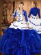 Blue Vestidos de Quinceanera Military Ball and Sweet 16 and Quinceanera with Embroidery and Ruffles Strapless Sleeveless Lace Up