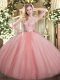Traditional Tulle Scoop Sleeveless Backless Lace Sweet 16 Dresses in Baby Pink
