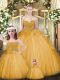 Stunning Gold Sleeveless Floor Length Beading and Ruffles Lace Up 15th Birthday Dress