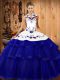 Superior Sleeveless Organza Sweep Train Lace Up Quince Ball Gowns in Royal Blue with Embroidery and Ruffled Layers