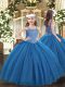 Dramatic Floor Length Blue High School Pageant Dress Tulle Sleeveless Beading