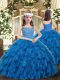 Perfect Blue Straps Lace Up Beading and Ruffles Kids Formal Wear Sleeveless