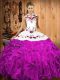 Fuchsia Ball Gowns Embroidery and Ruffles Vestidos de Quinceanera Lace Up Satin and Organza Sleeveless Floor Length