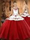 Low Price Wine Red Halter Top Neckline Embroidery Quince Ball Gowns Sleeveless Lace Up