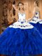 Eye-catching Halter Top Sleeveless Quinceanera Gown Floor Length Embroidery and Ruffles Blue And White Satin and Organza