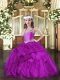 Elegant Beading and Ruffles Pageant Dresses Fuchsia Lace Up Sleeveless Floor Length