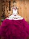Halter Top Sleeveless Quinceanera Gown Floor Length Embroidery and Ruffles Fuchsia Tulle