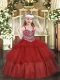 Straps Sleeveless Little Girls Pageant Gowns Floor Length Beading and Ruffled Layers Wine Red Organza