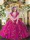 Perfect Floor Length Lace Up Little Girl Pageant Dress Fuchsia for Sweet 16 and Quinceanera with Embroidery and Ruffles