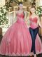 Rose Pink Quince Ball Gowns Military Ball and Sweet 16 and Quinceanera with Beading and Appliques Sweetheart Sleeveless Lace Up