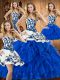 Glamorous Blue Satin and Organza Lace Up Ball Gown Prom Dress Sleeveless Floor Length Embroidery and Ruffles