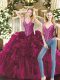 Glorious Two Pieces Quinceanera Gowns Fuchsia V-neck Organza Sleeveless Floor Length Lace Up