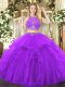 Fabulous Purple Tulle Zipper Quinceanera Dresses Sleeveless Floor Length Beading and Ruffles