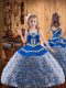 Super Multi-color Fabric With Rolling Flowers Lace Up Straps Sleeveless Floor Length Little Girl Pageant Dress Embroidery and Ruffles
