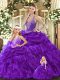 Floor Length Lace Up Sweet 16 Dress Purple for Military Ball and Sweet 16 and Quinceanera with Beading and Ruffles