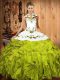 Olive Green Ball Gowns Satin and Organza Halter Top Sleeveless Embroidery and Ruffles Floor Length Lace Up Quinceanera Dresses