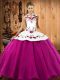 Fuchsia Sweet 16 Dresses Military Ball and Sweet 16 and Quinceanera with Embroidery Halter Top Sleeveless Lace Up