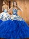 Pretty Embroidery and Ruffles Quinceanera Gown Blue Lace Up Sleeveless Floor Length